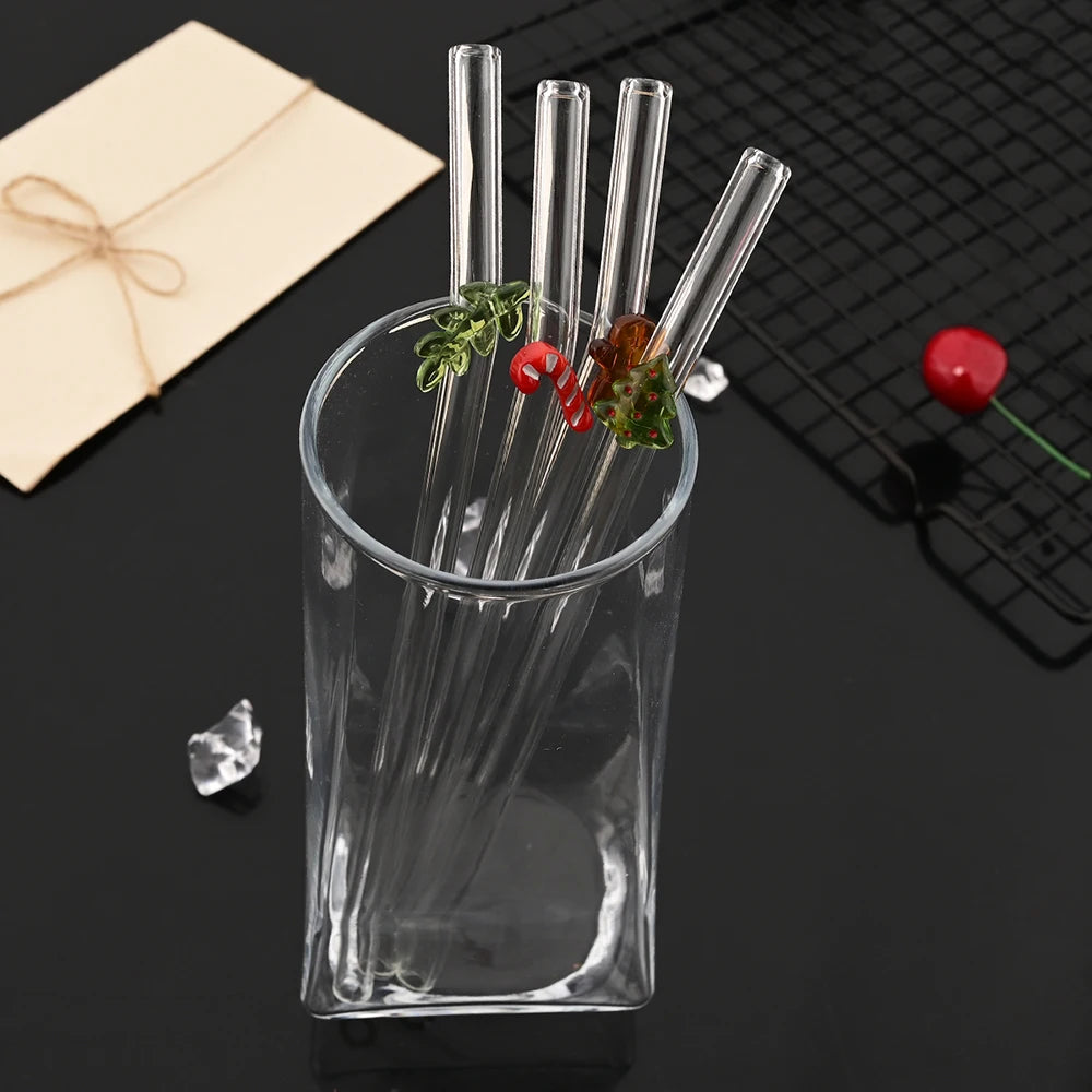 8Pcs Christmas Glass Straw Milk Tea Juice Cocktail Straw with Brush High Borosilicate Glass Straw Set Kitchen Bar Accessories - Tegulane Global