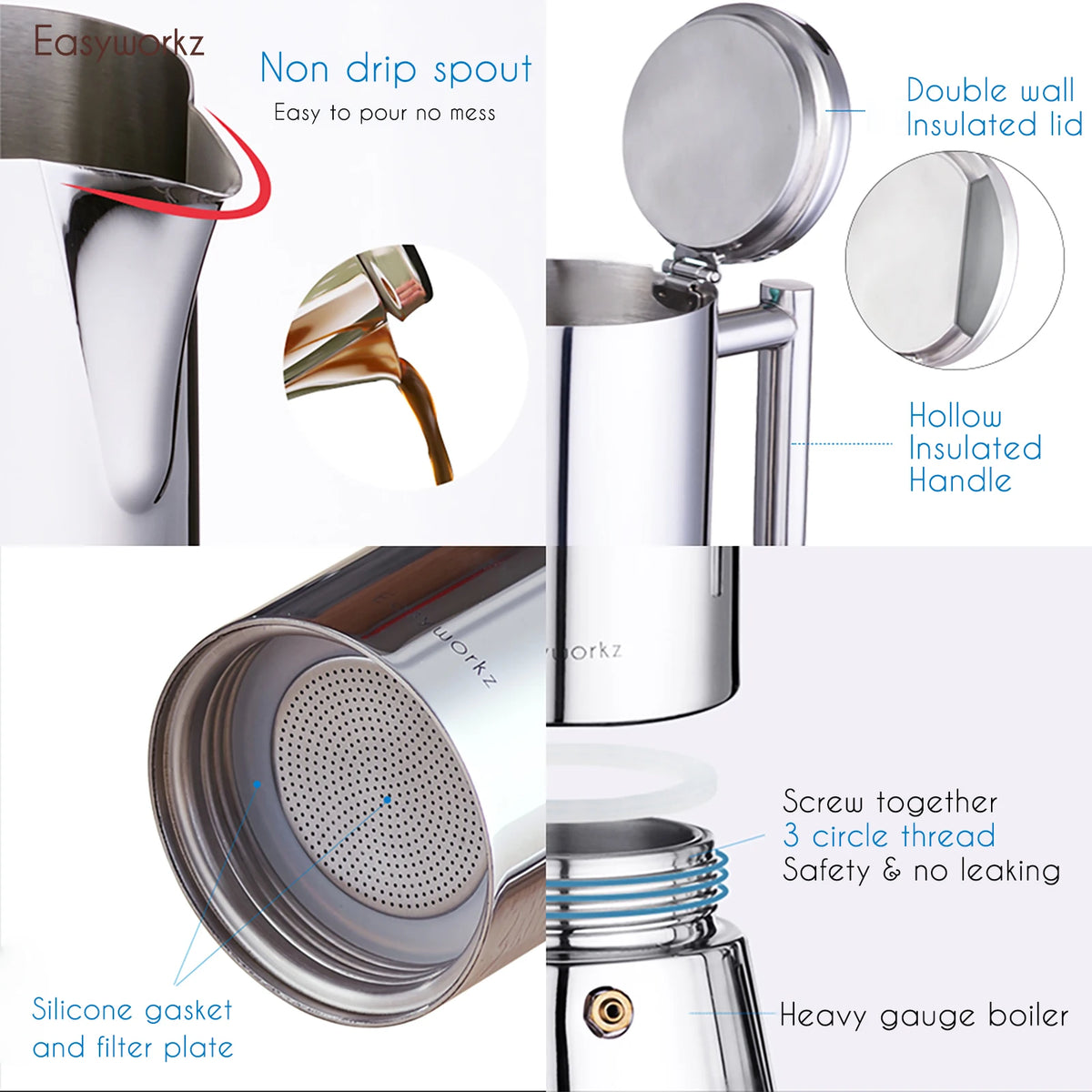 Easyworkz Diego Stovetop Espresso Maker Stainless Steel Italian Coffee Machine Maker Induction Moka Pot - Tegulane Global