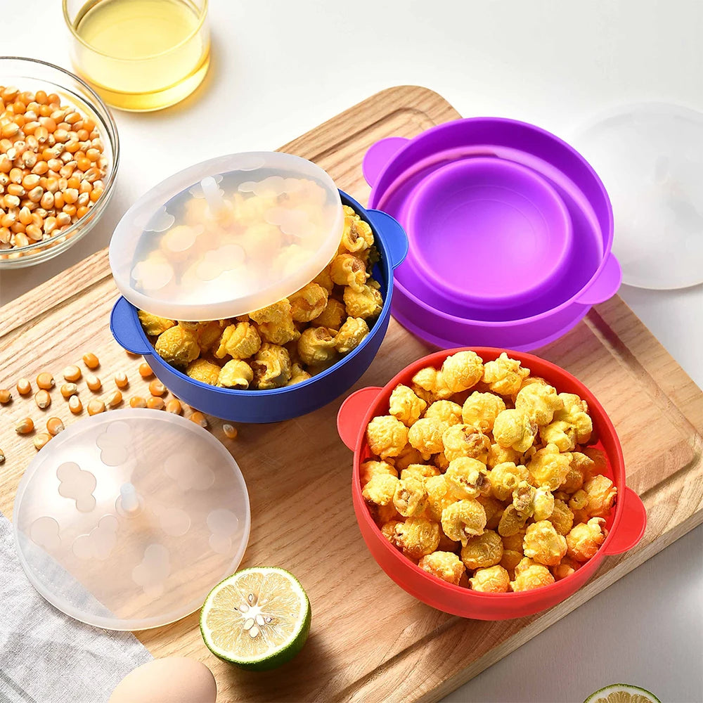 1/3Pcs Microwave Popcorn Bowl Bucket Silicone DIY Red Popcorn Maker with Lid Chips Fruit Dish High Quality Kitchen Easy Tools - Tegulane Global