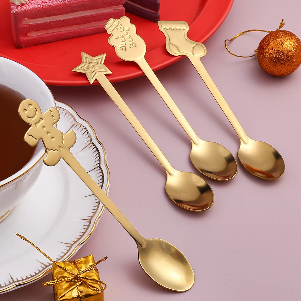 4PCS Christmas Gift Decoration Dessert Spoons Snowman Christmas Stocking Cutlery Spoon Christmas Gift Box Gingerbread Spoon - Tegulane Global