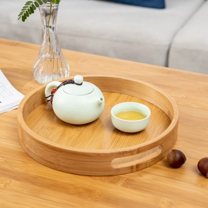 Bamboo Wood Round Serving Tray with Handles - Tegulane Global