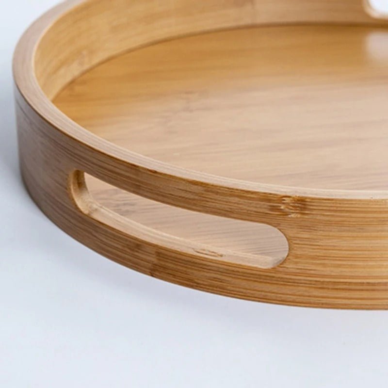Bamboo Wood Round Serving Tray with Handles - Tegulane Global