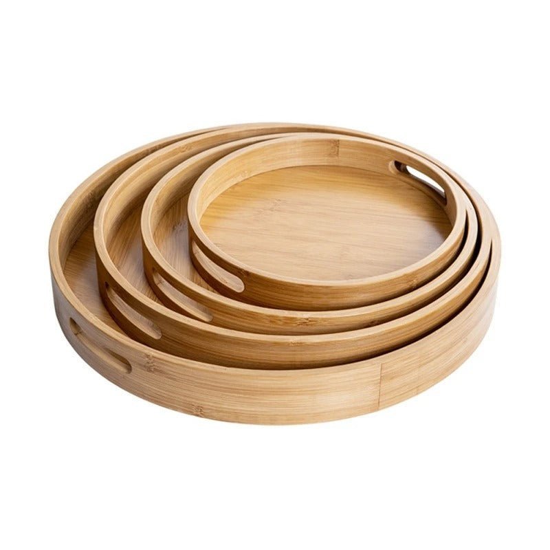 Bamboo Wood Round Serving Tray with Handles - Tegulane Global