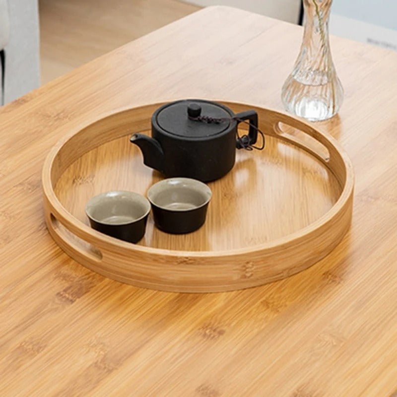 Bamboo Wood Round Serving Tray with Handles - Tegulane Global