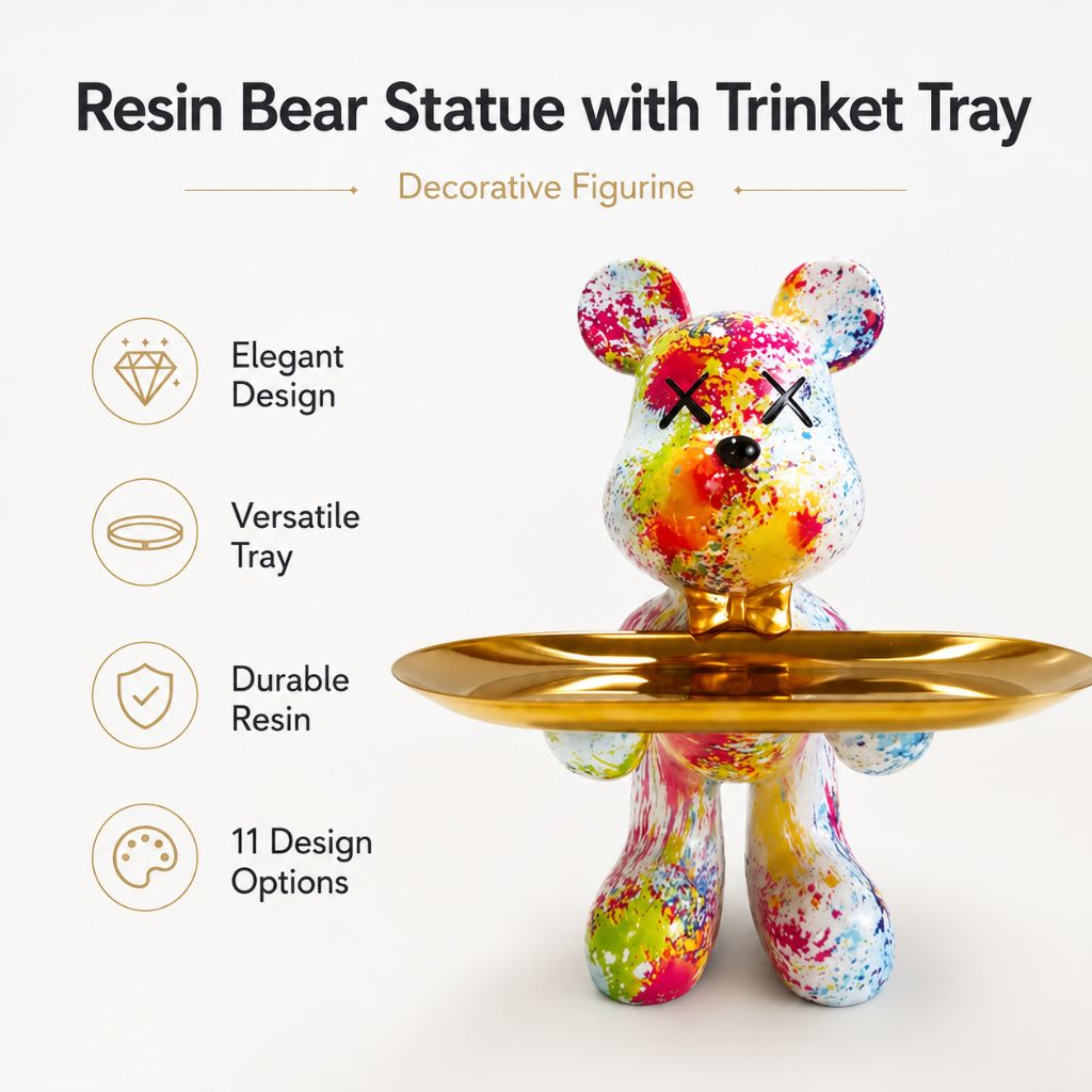 Resin Bear Statue with Trinket Tray - Decorative Figurine - Tegulane Global
