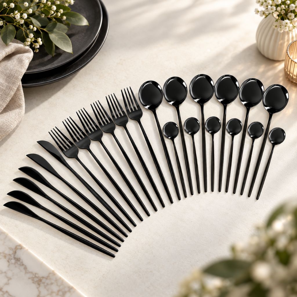 Black 18/10 Stainless Steel Cutlery Set – 24 Pieces - Tegulane Global