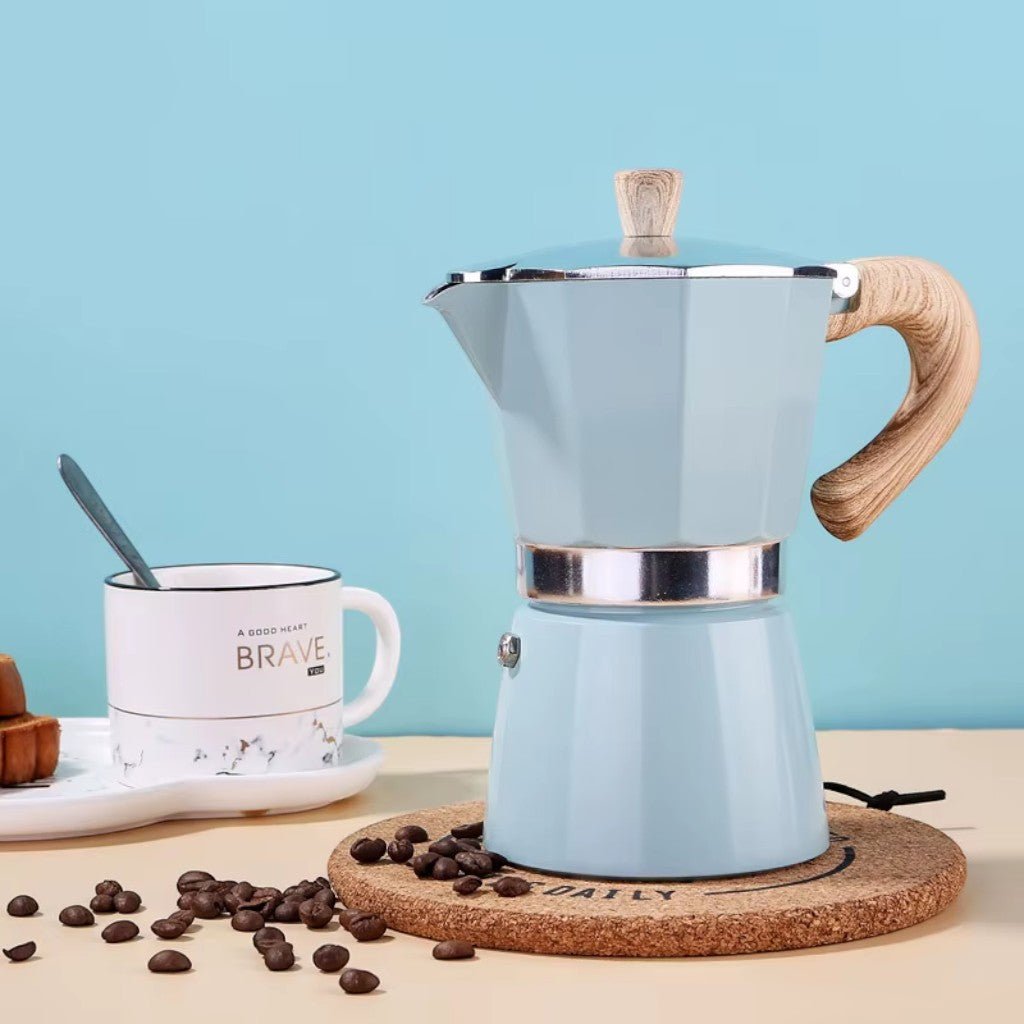 Blue Aluminium Moka Pot Stovetop Espresso Maker Classic Italian Design - Tegulane Global