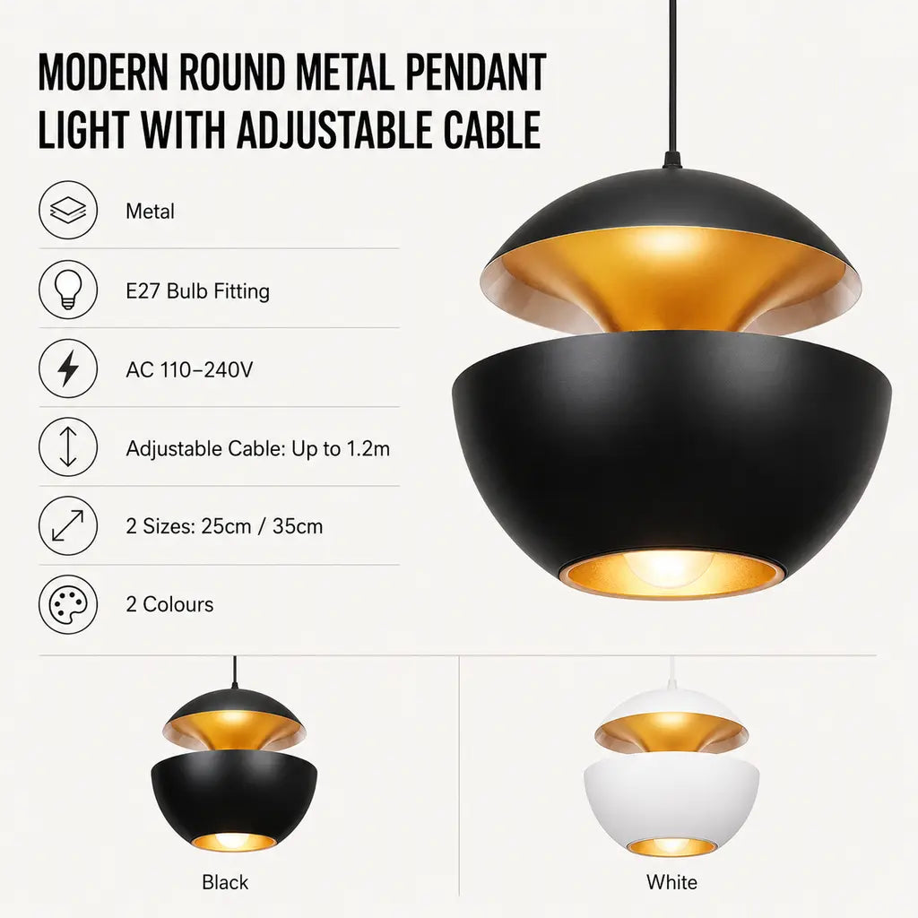 Modern Round Metal Pendant Light with Adjustable Cable - Tegulane Global