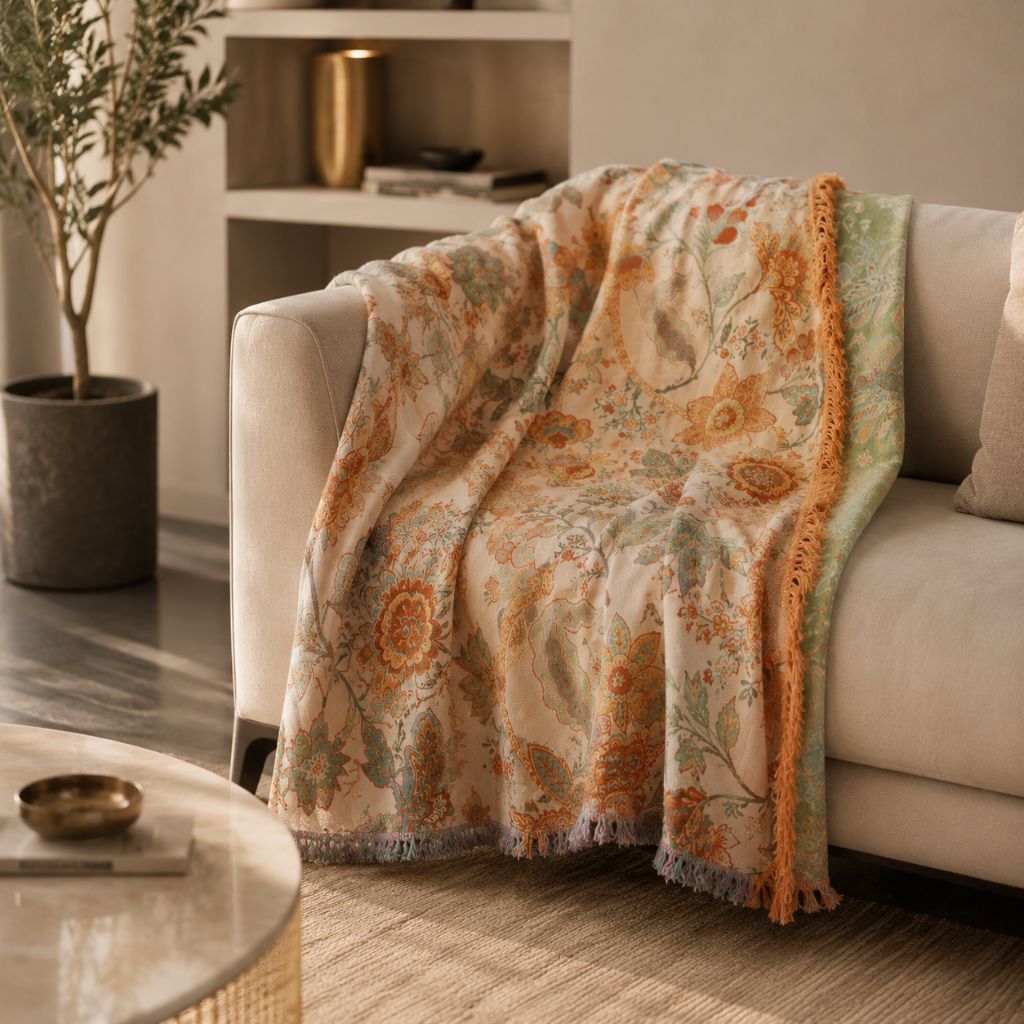 Cotton Floral Throw Blanket with Fringe - Tegulane Global