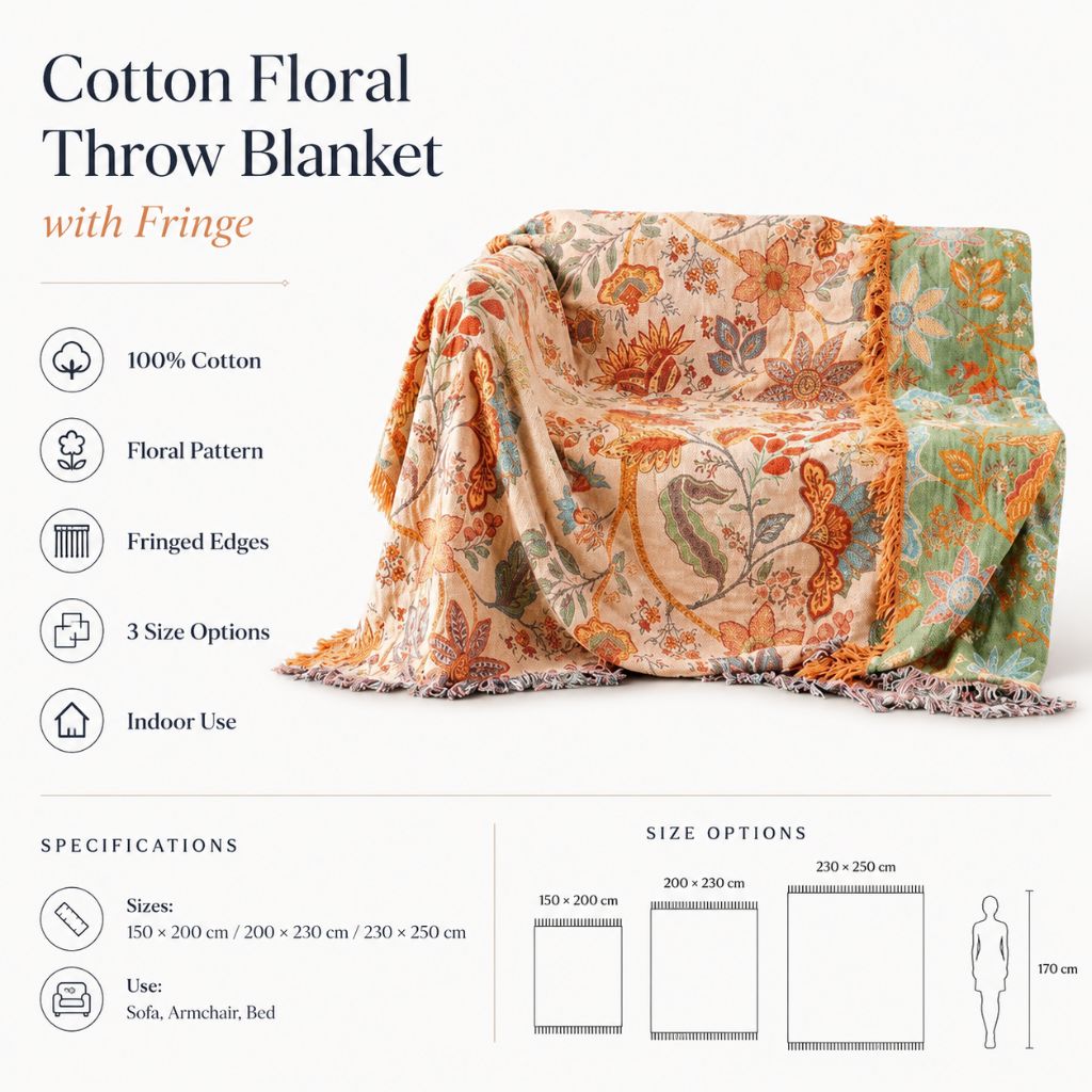 Cotton Floral Throw Blanket with Fringe - Tegulane Global