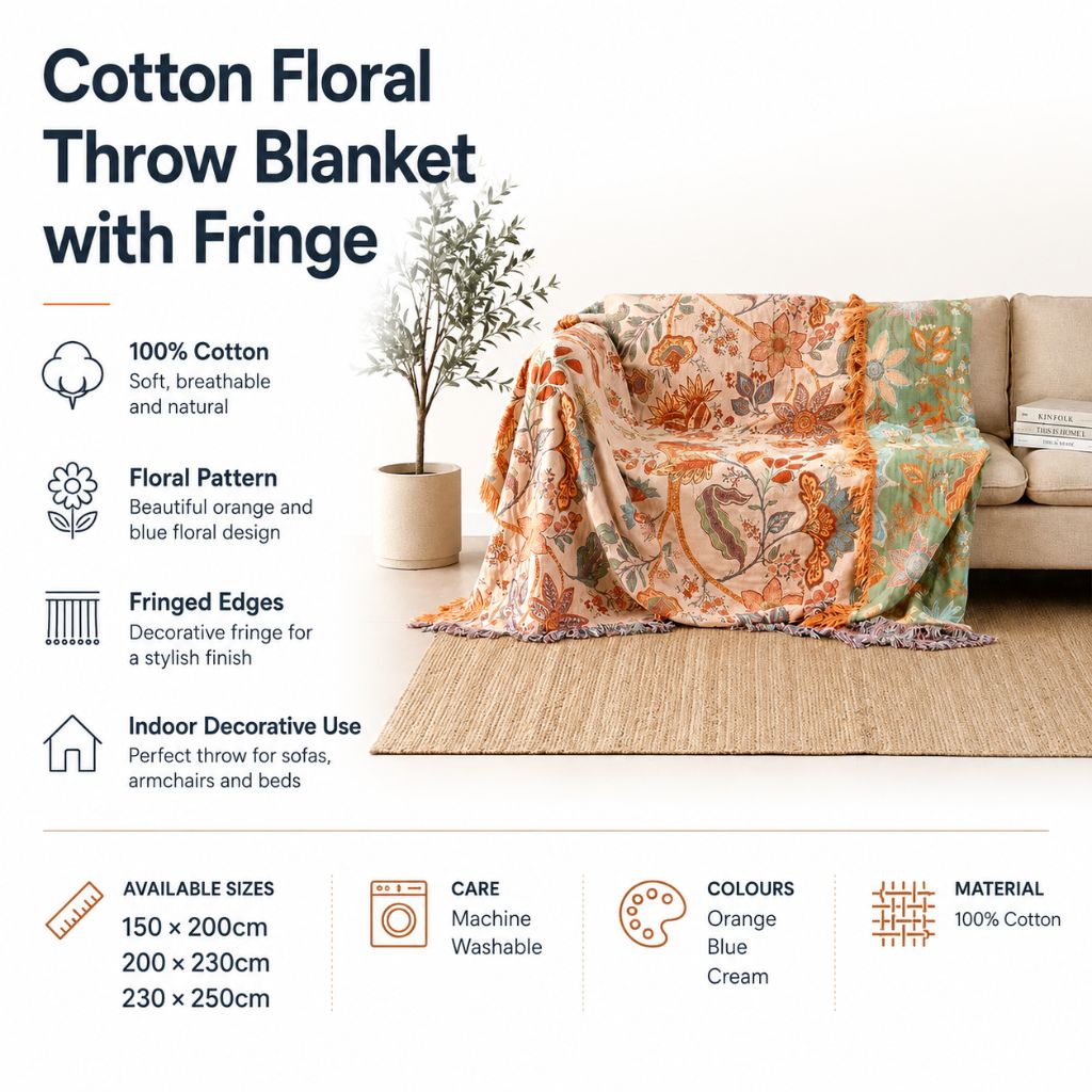 Cotton Floral Throw Blanket with Fringe - Tegulane Global