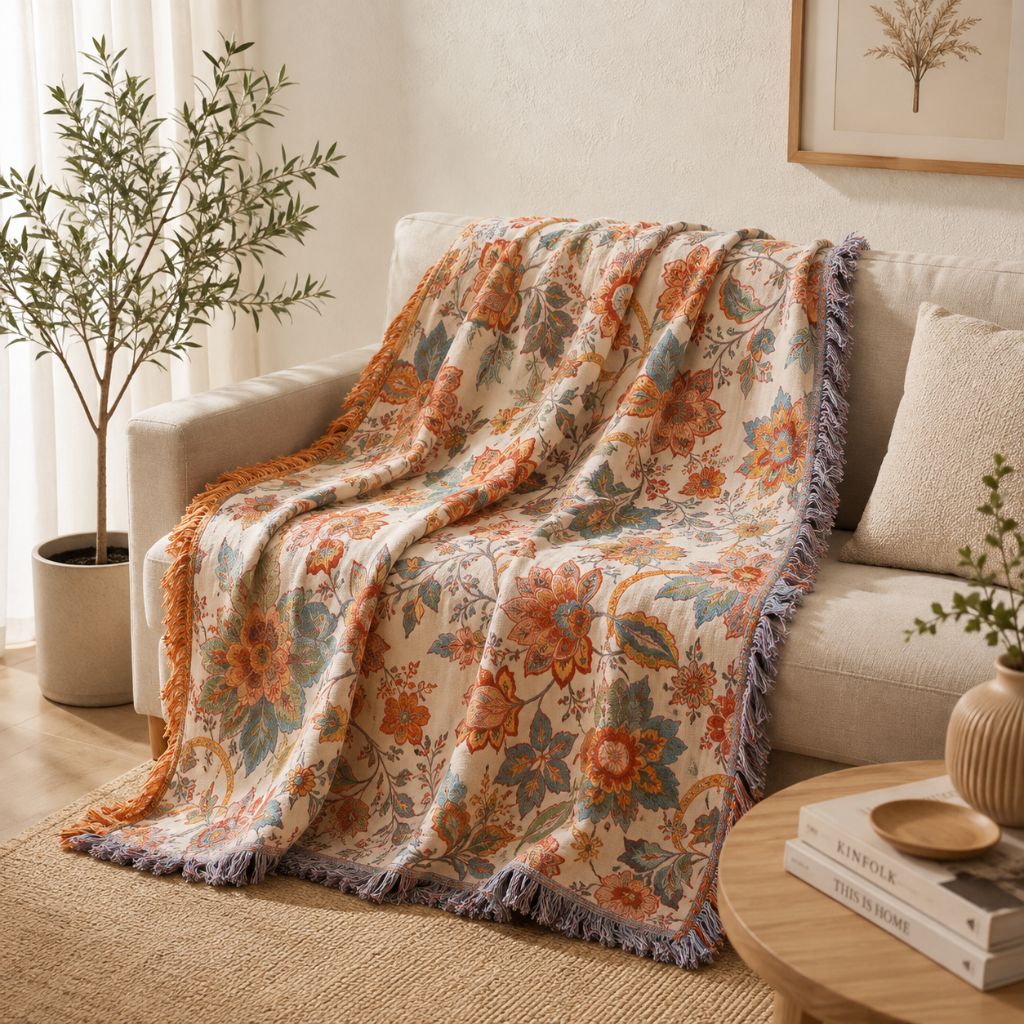 Cotton Floral Throw Blanket with Fringe - Tegulane Global