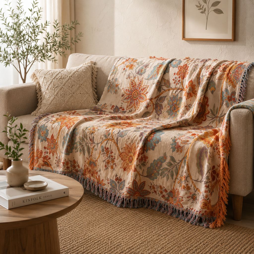 Cotton Floral Throw Blanket with Fringe - Tegulane Global