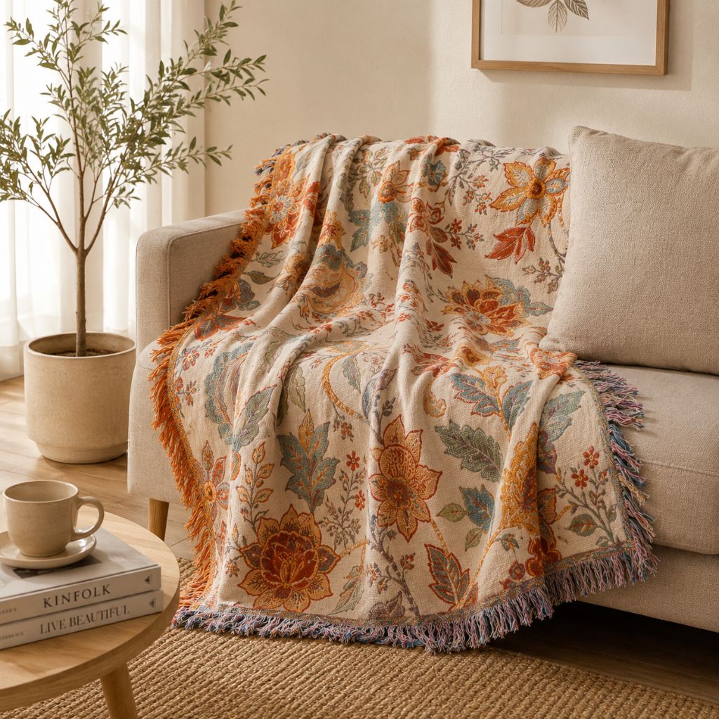 Cotton Floral Throw Blanket with Fringe - Tegulane Global