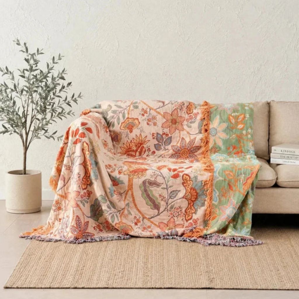 Cotton Floral Throw Blanket with Fringe - Tegulane Global