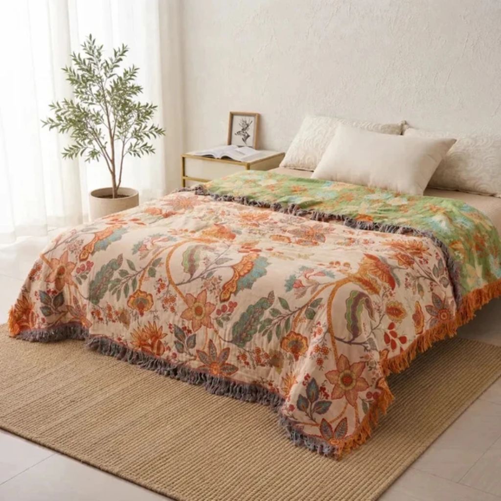 Cotton Floral Throw Blanket with Fringe - Tegulane Global