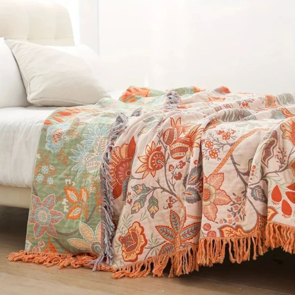 Cotton Floral Throw Blanket with Fringe - Tegulane Global