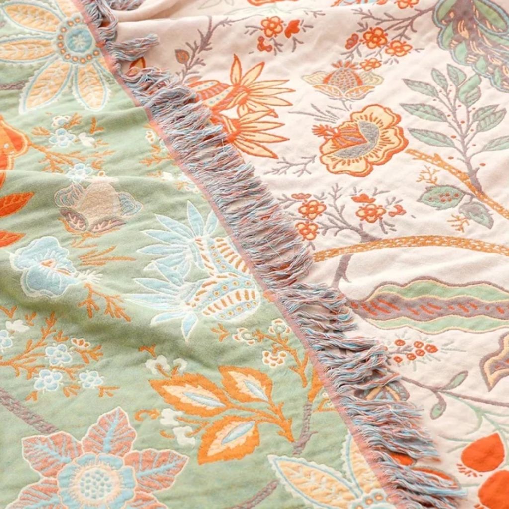 Cotton Floral Throw Blanket with Fringe - Tegulane Global