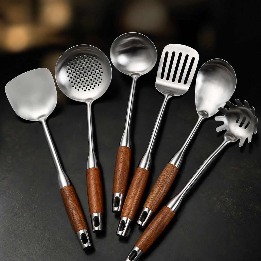 Culina Luxe - Stainless Steel Kitchen Utensil Set with Wooden Handles - Tegulane Global