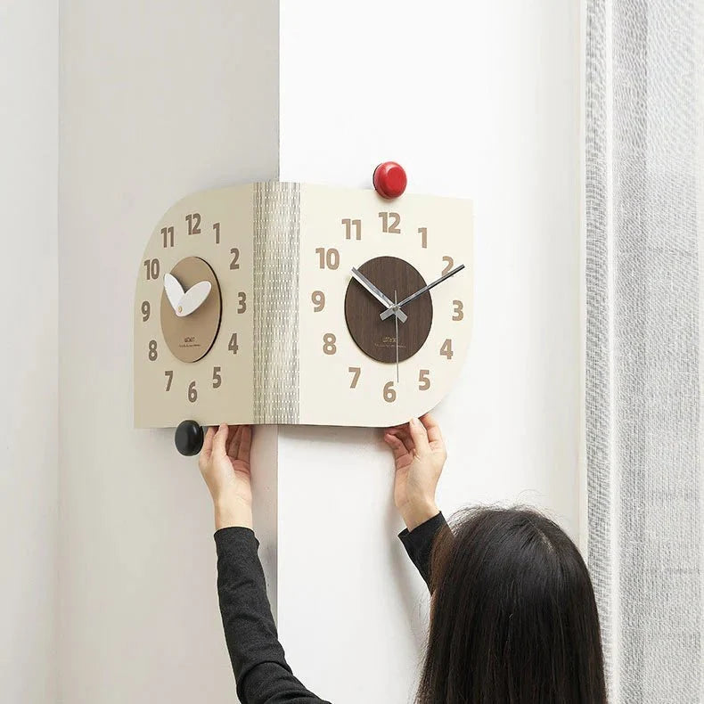 Double-Sided Wooden Corner Wall Clock – Walnut Design - Tegulane Global