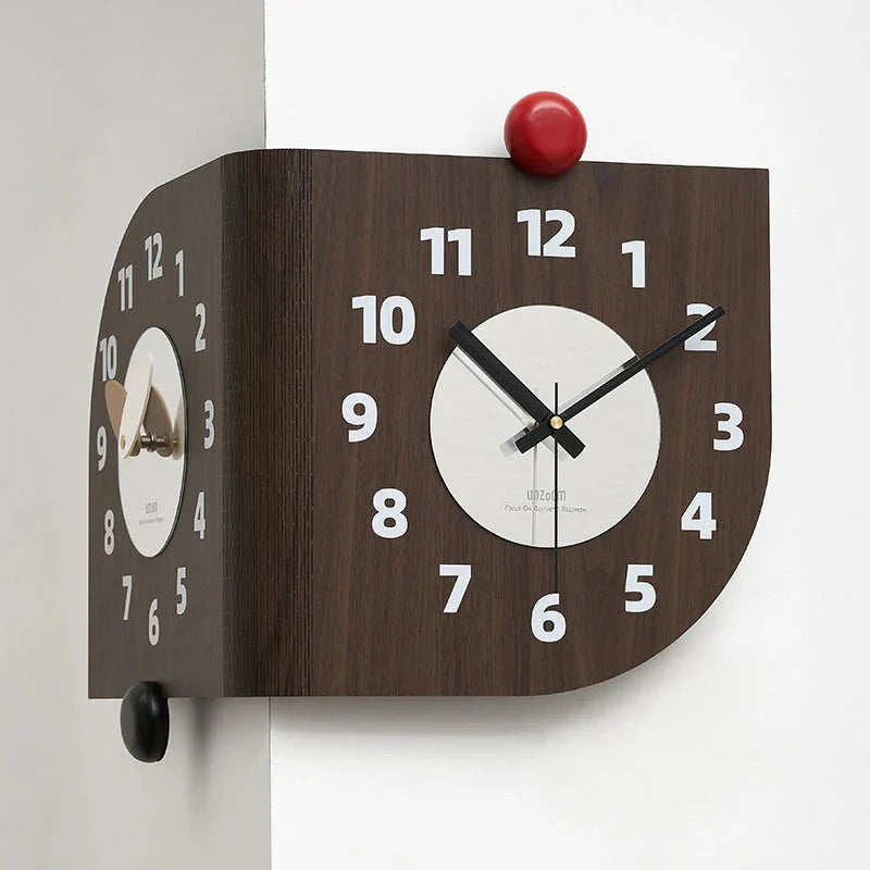 Double-Sided Wooden Corner Wall Clock – Walnut Design - Tegulane Global