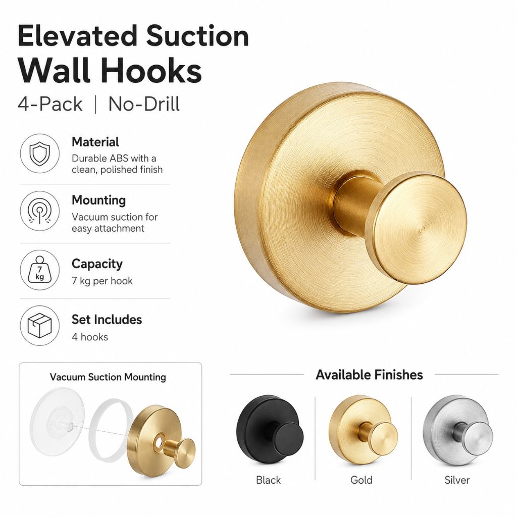 Elevated Suction Wall Hooks | 4-Pack - No-Drill - Tegulane Global