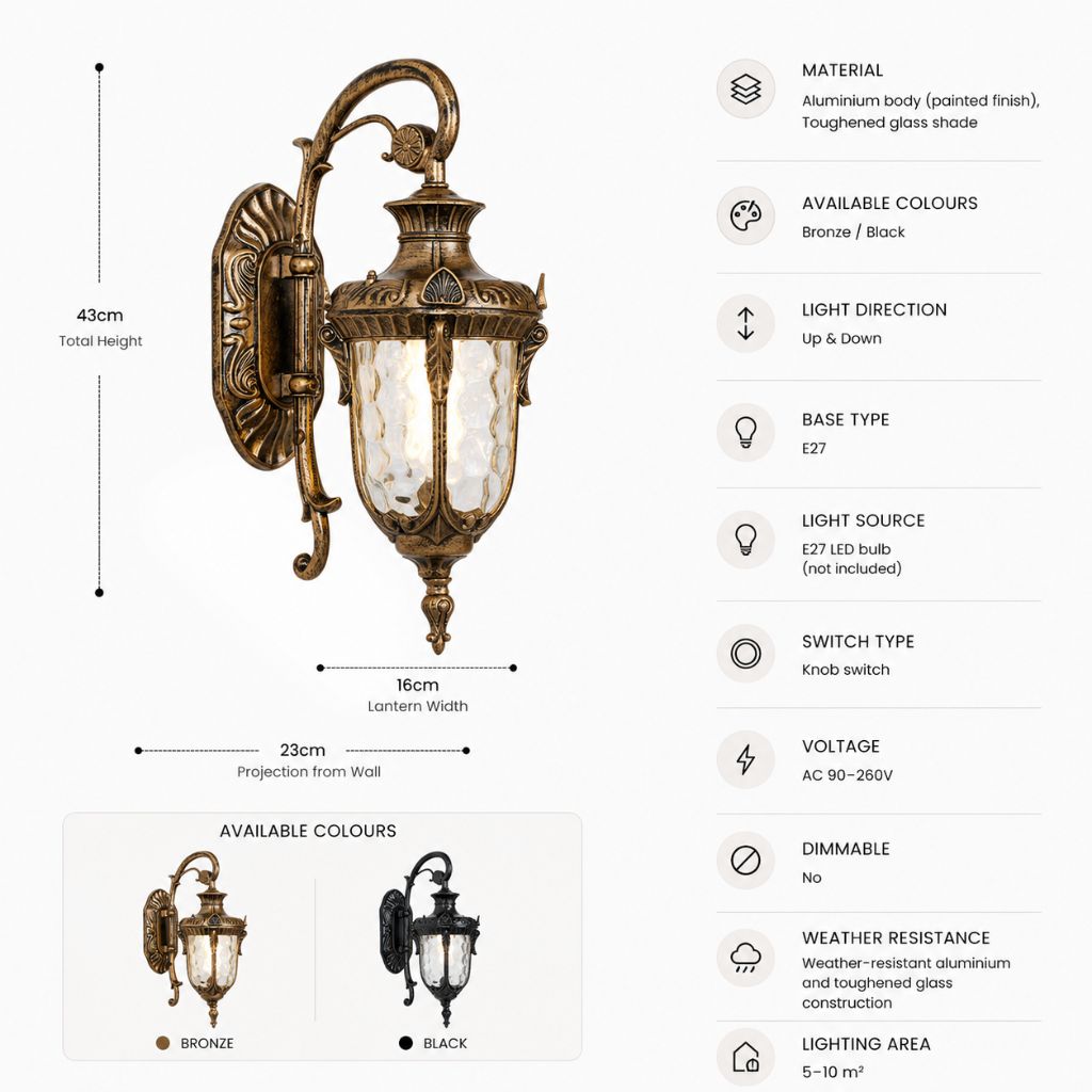 European Retro Outdoor Wall Lamp E27 Toughened Glass - Tegulane Global
