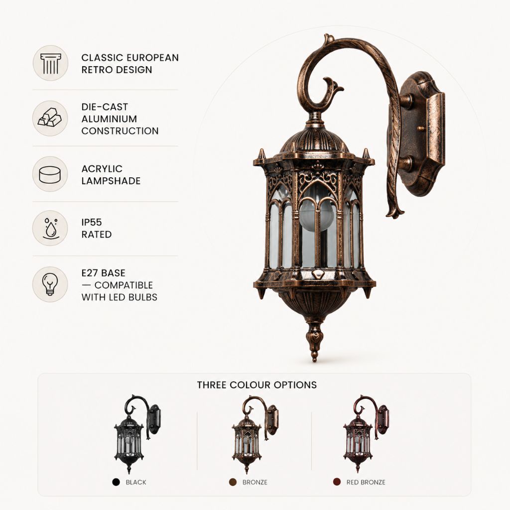 European Style Outdoor Wall Lamp E27 IP55 Retro Aluminium Courtyard - Tegulane Global