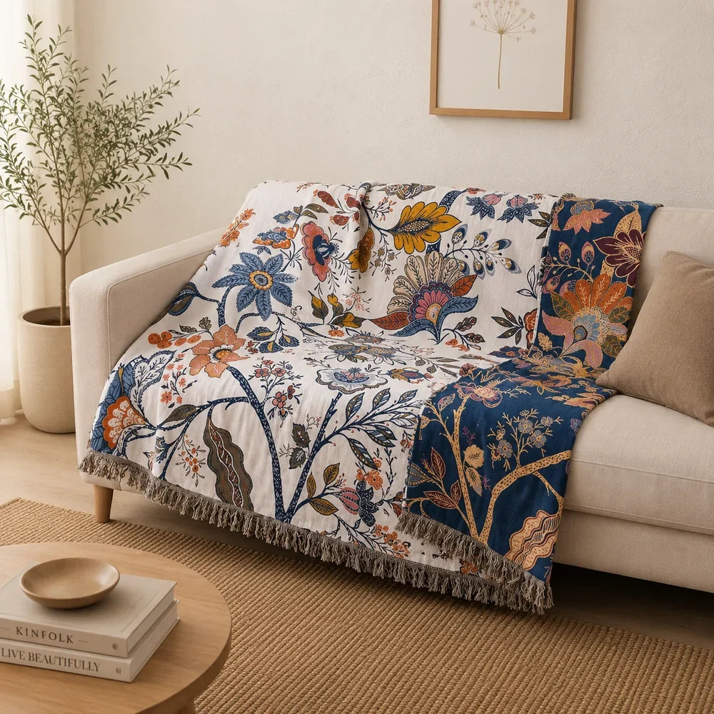 Reversible Floral Cotton Jacquard Throw Blanket - Tegulane Global