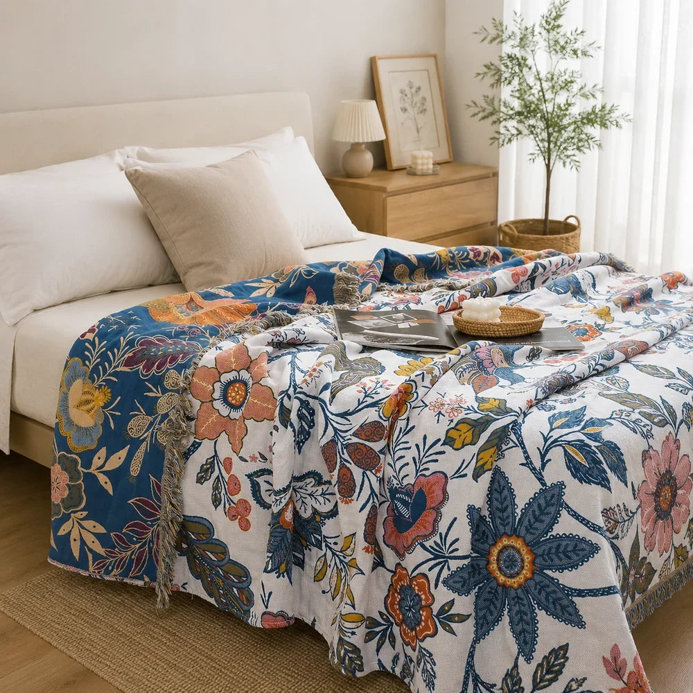 Reversible Floral Cotton Jacquard Throw Blanket - Tegulane Global