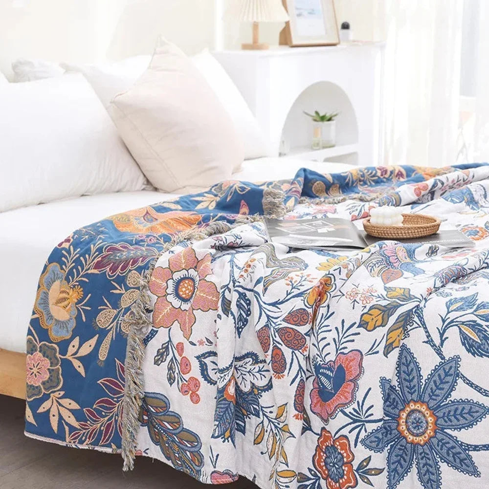 Reversible Floral Cotton Jacquard Throw Blanket - Tegulane Global