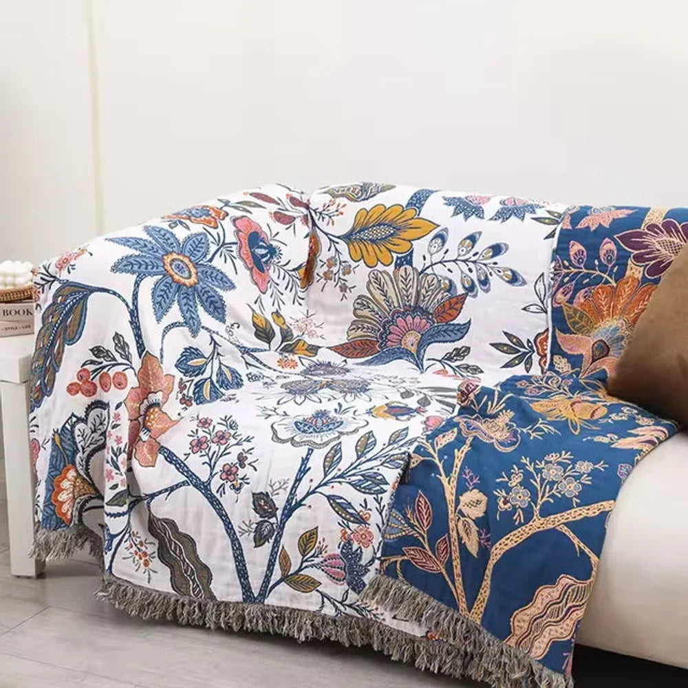Reversible Floral Cotton Jacquard Throw Blanket - Tegulane Global