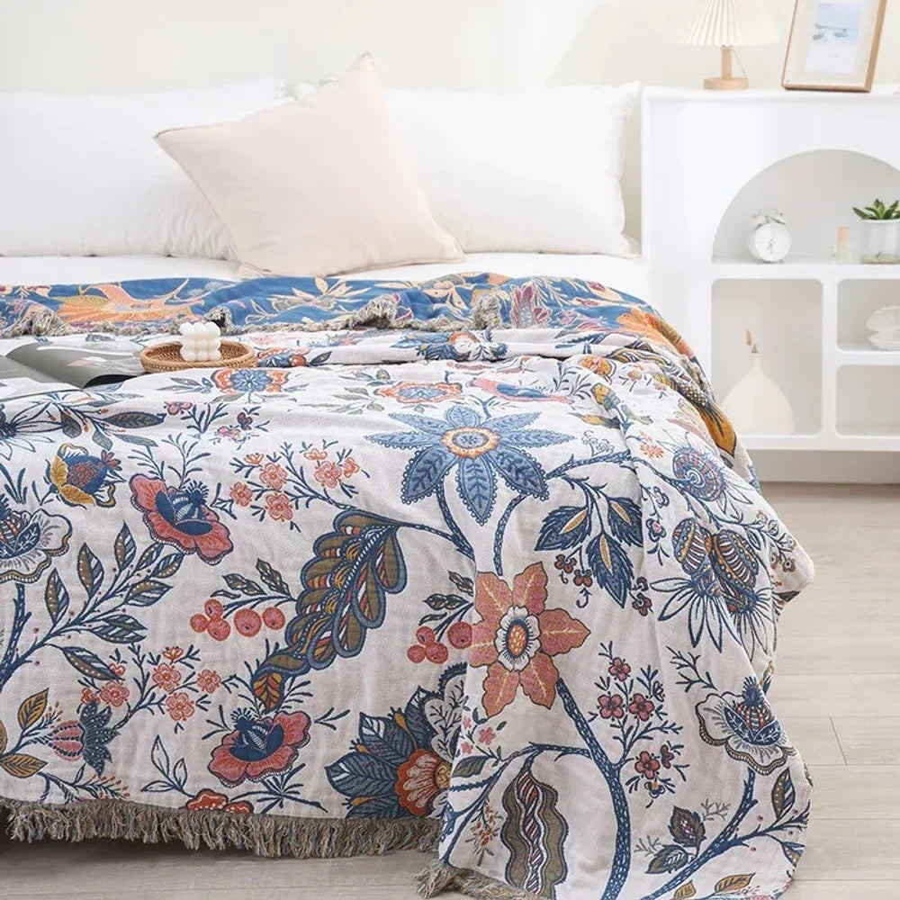 Reversible Floral Cotton Jacquard Throw Blanket - Tegulane Global