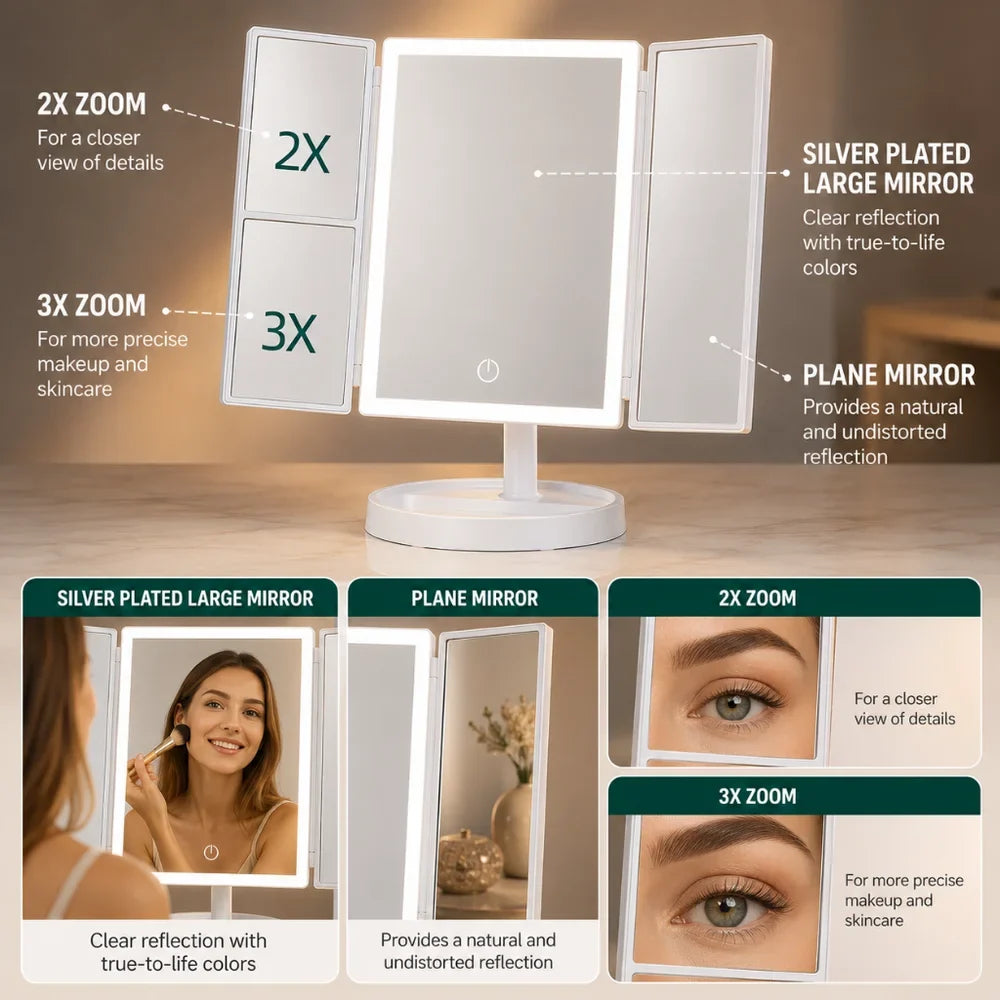 Foldable Makeup Magnifying Mirror with LED Light 3 Tone Dimmable - Tegulane Global