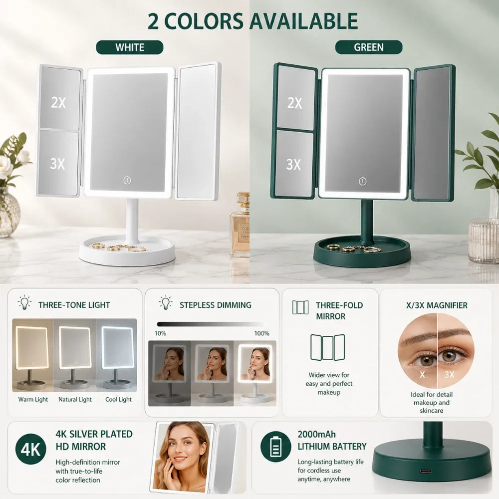 Foldable Makeup Magnifying Mirror with LED Light 3 Tone Dimmable - Tegulane Global