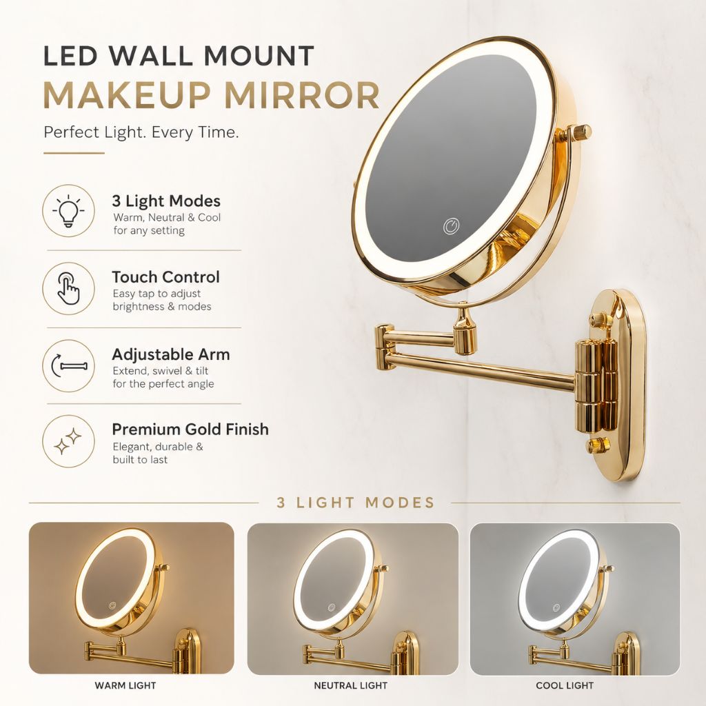 Gold LED Magnifying Mirror – Rechargeable Perfect for Makeup & Bathroom - Tegulane Global
