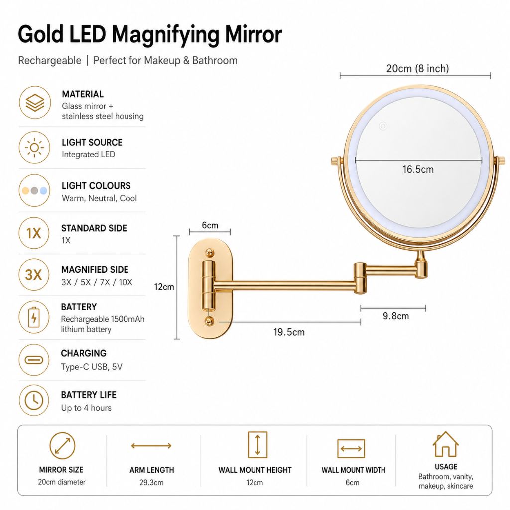 Gold LED Magnifying Mirror – Rechargeable Perfect for Makeup & Bathroom - Tegulane Global