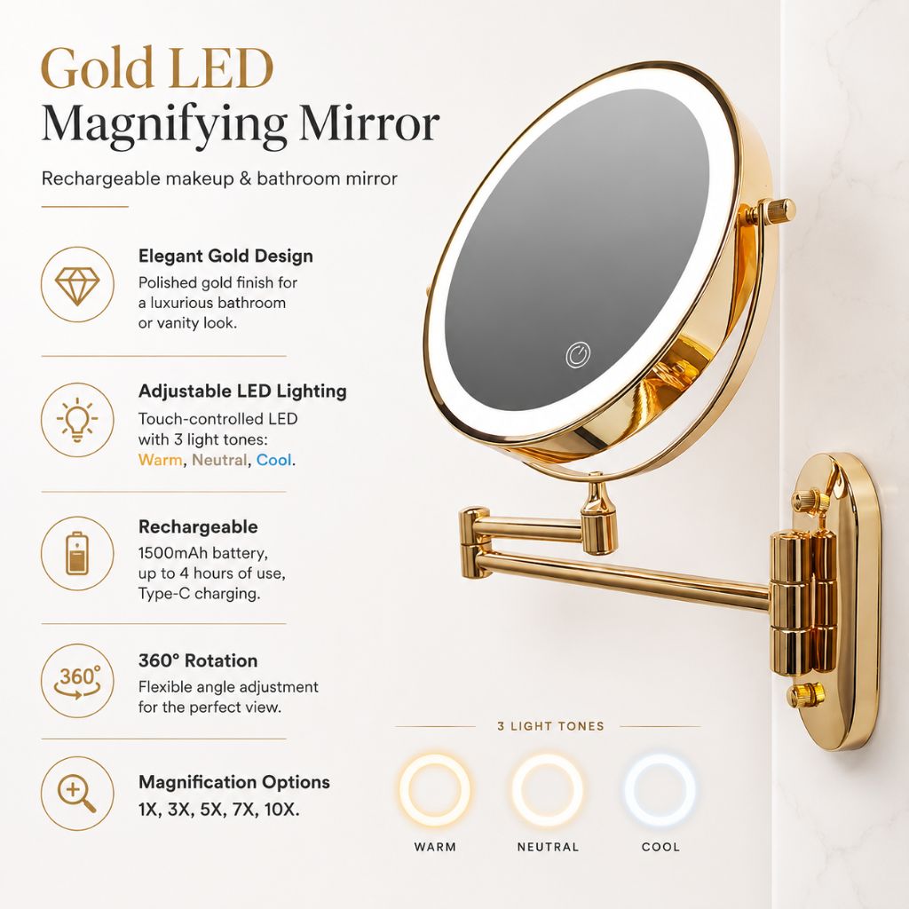 Gold LED Magnifying Mirror – Rechargeable Perfect for Makeup & Bathroom - Tegulane Global