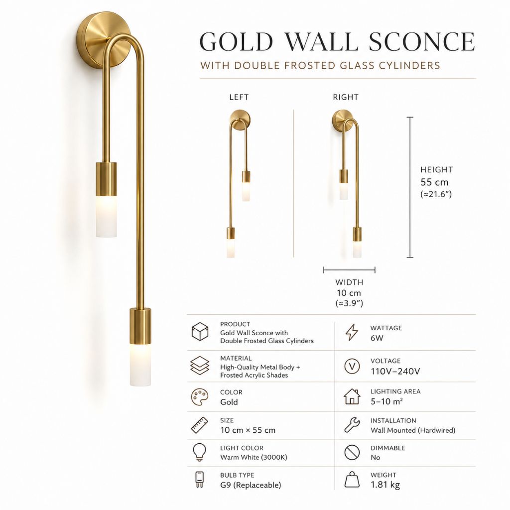 Gold Wall Sconce with Double Frosted Glass Cylinders - Tegulane Global