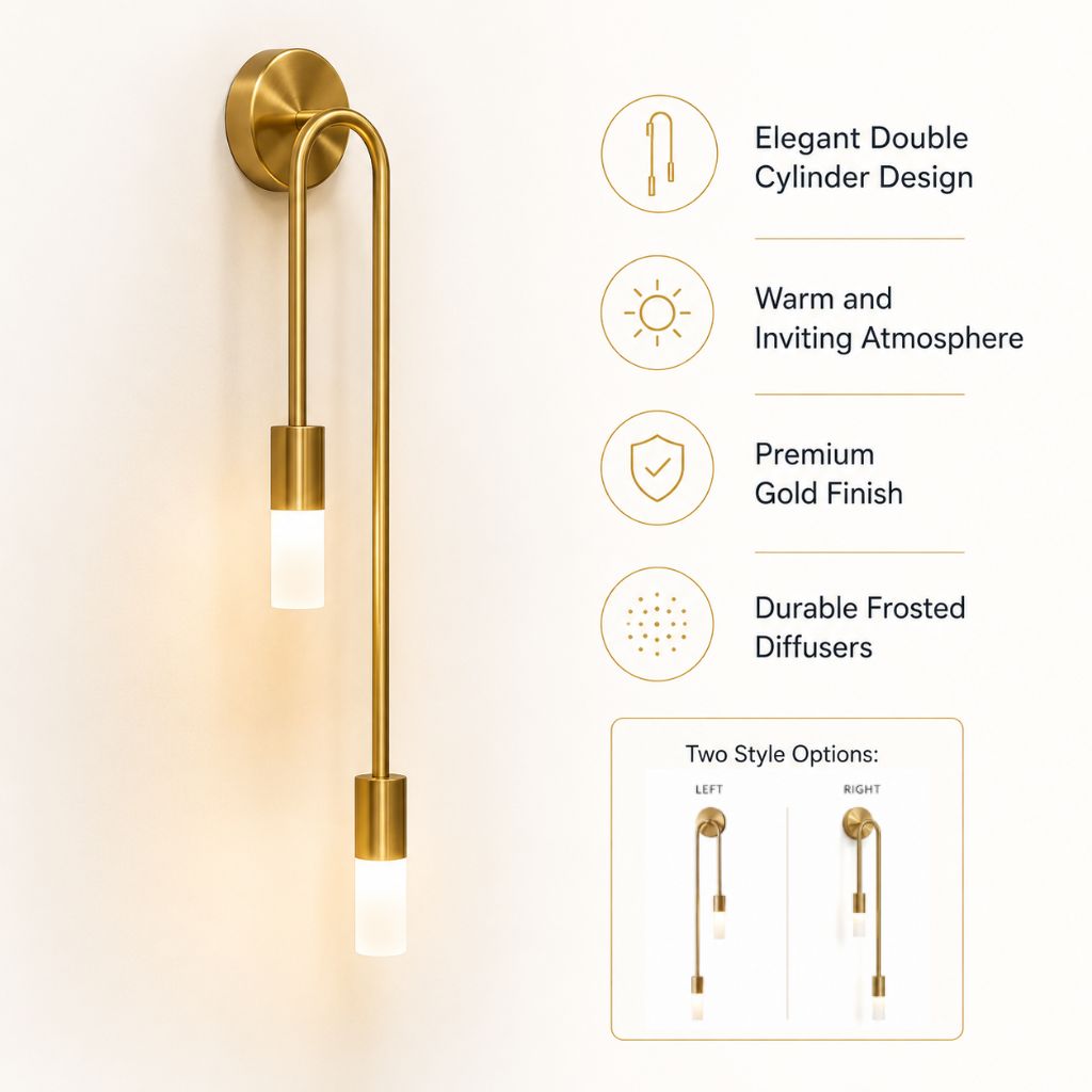 Gold Wall Sconce with Double Frosted Glass Cylinders - Tegulane Global
