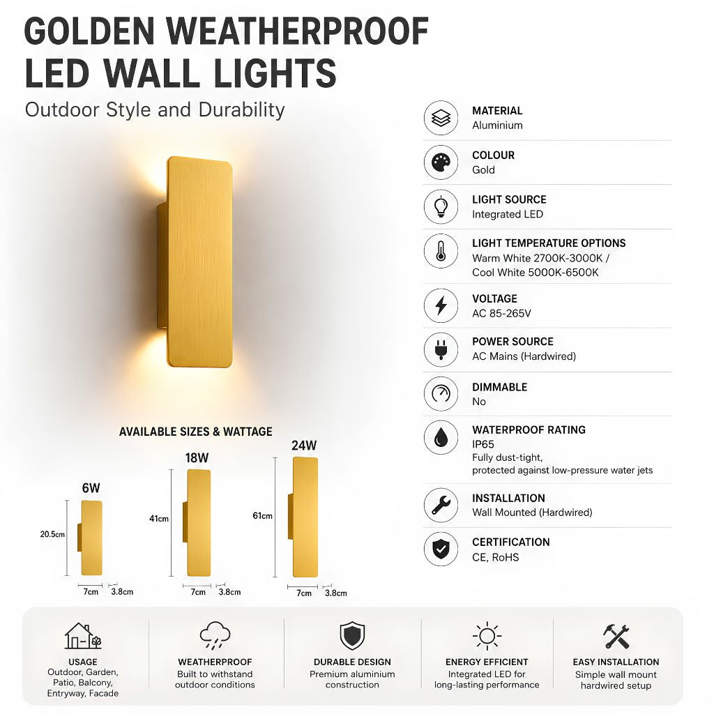 Golden Weatherproof LED Wall Lights - Outdoor Style and Durability - Tegulane Global