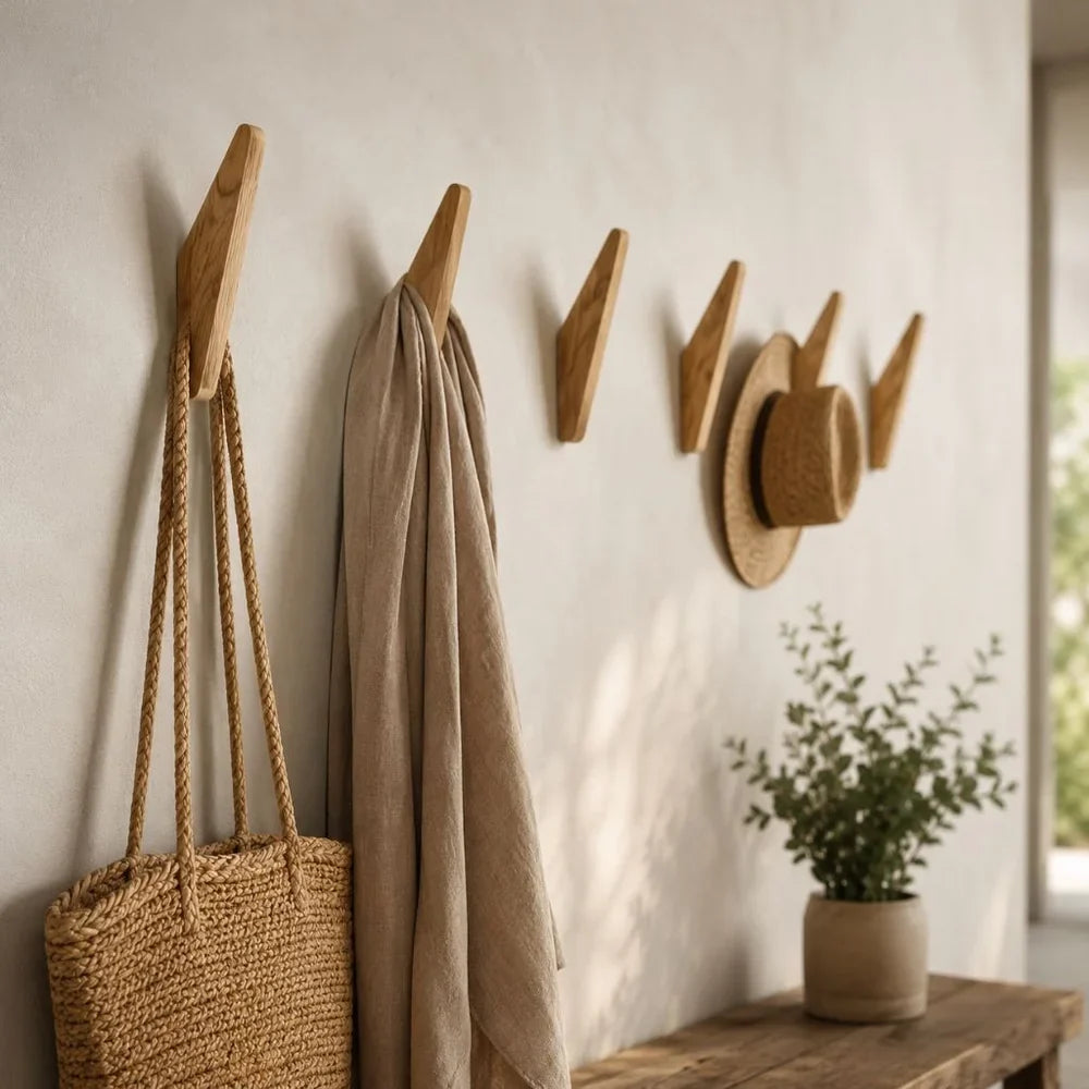 Handmade Wooden Wall Hooks - Set of 4 Boho Natural Wood - Tegulane Global