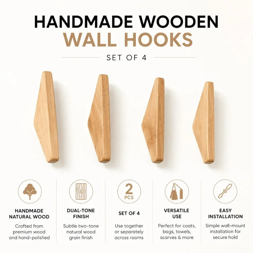Handmade Wooden Wall Hooks - Set of 4 Boho Natural Wood - Tegulane Global