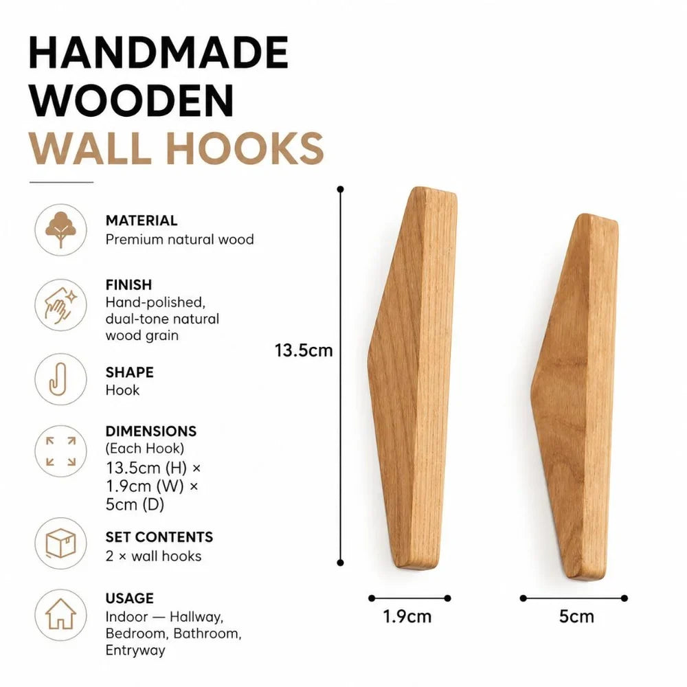 Handmade Wooden Wall Hooks - Set of 4 Boho Natural Wood - Tegulane Global