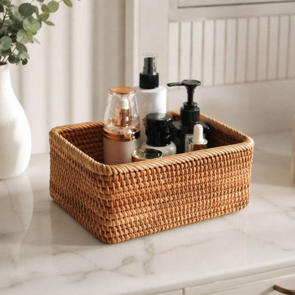 Handwoven Rattan Rectangular Storage Basket - Tegulane Global