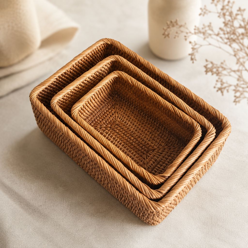 Handwoven Rattan Rectangular Storage Basket - Tegulane Global