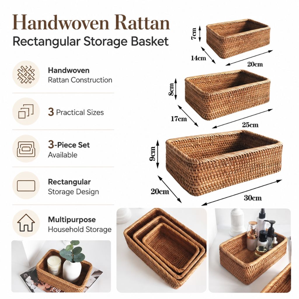 Handwoven Rattan Rectangular Storage Basket - Tegulane Global