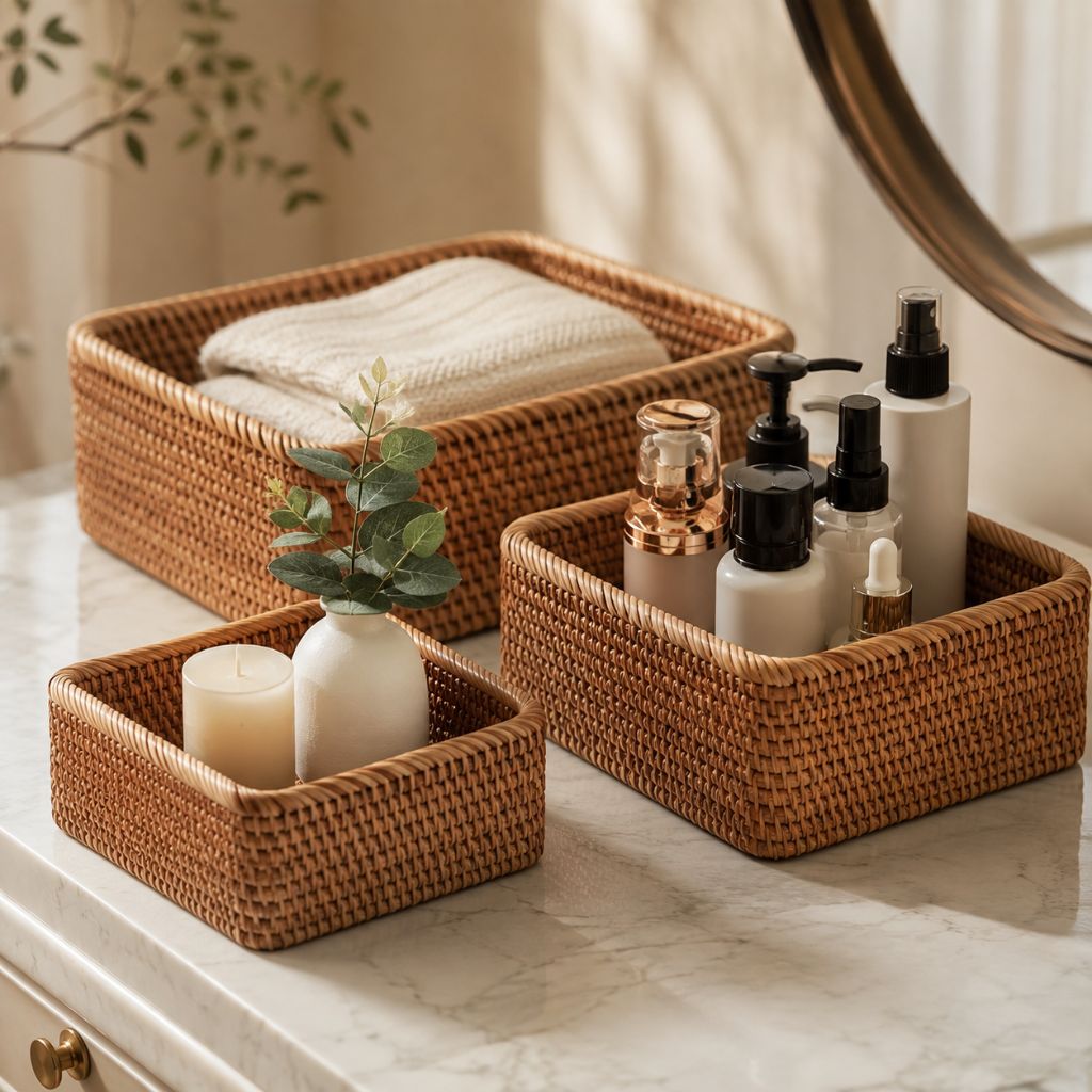 Handwoven Rattan Rectangular Storage Basket - Tegulane Global