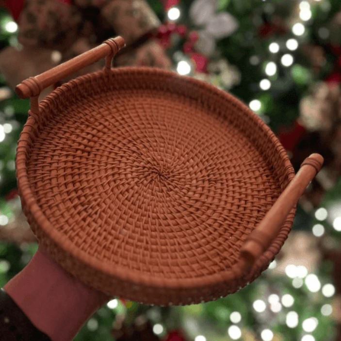 Handwoven Rattan Storage Tray with Wooden Handle - Tegulane Global