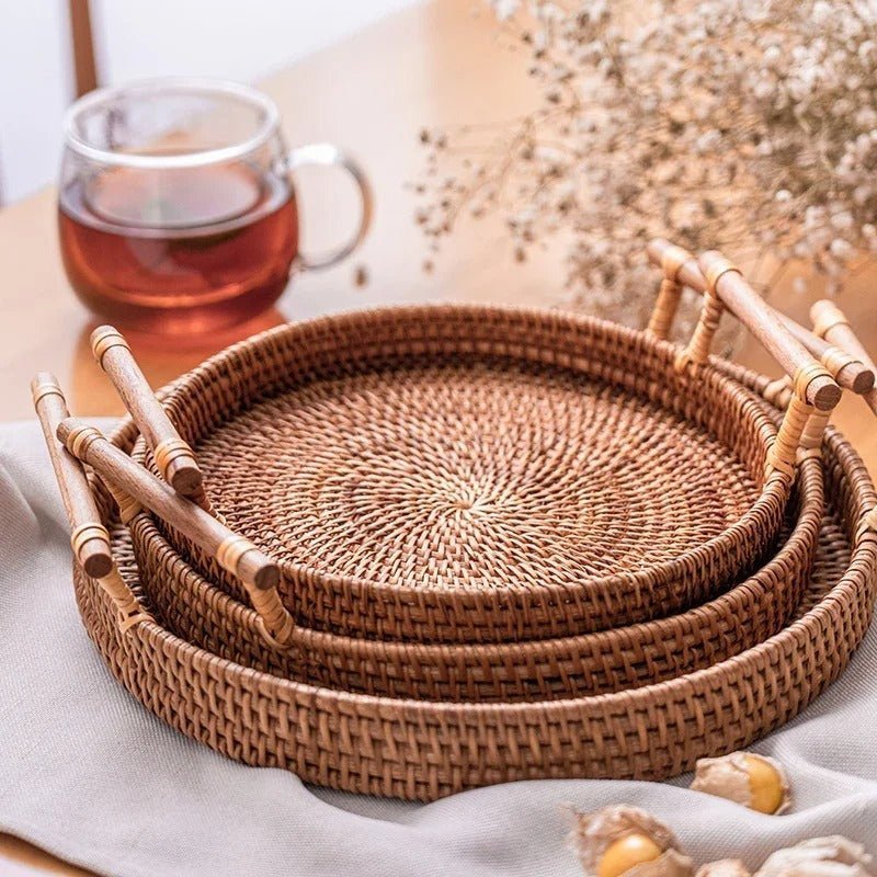Handwoven Rattan Storage Tray with Wooden Handle - Tegulane Global